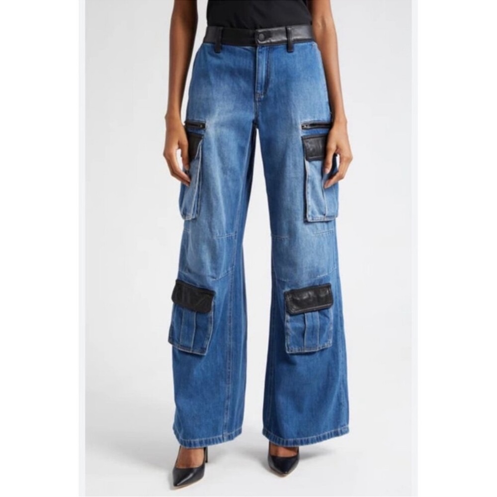 Alice + Olivia  Relaxed Blue Jeans with Black leather‎ Accents
